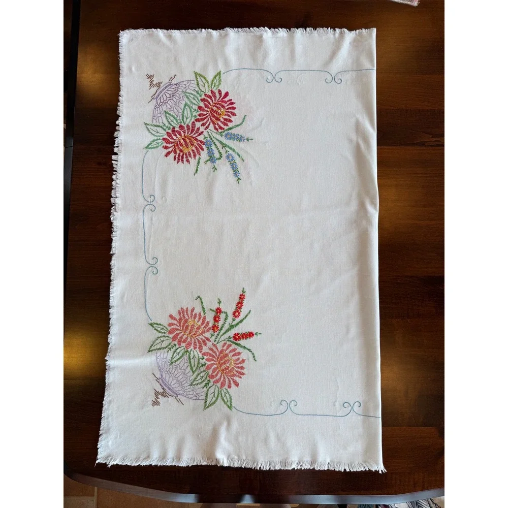 Vintage Embroidered Tablecloth Floral Baskets Fringed 42x50 Cottagecore Folk Art